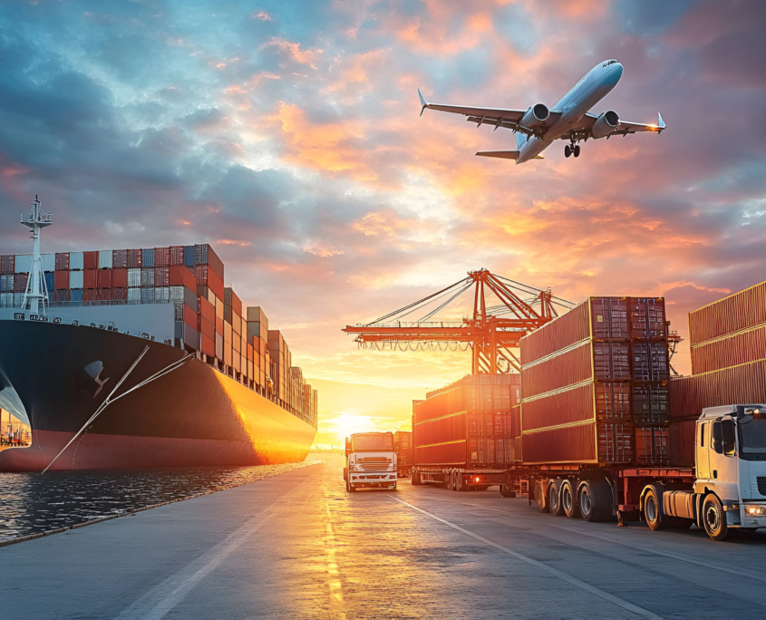 Cargo plane, ship, and truck loading at a busy international port.