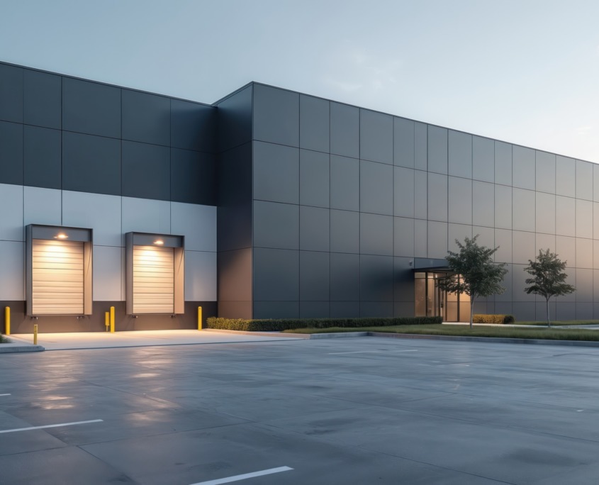 Modern logistics warehouse building exterior. Commercial storage facility with loading docks. Transportation, cargo, distribution hub for delivery. Sunny day, blue sky, enterprise. Transportation,