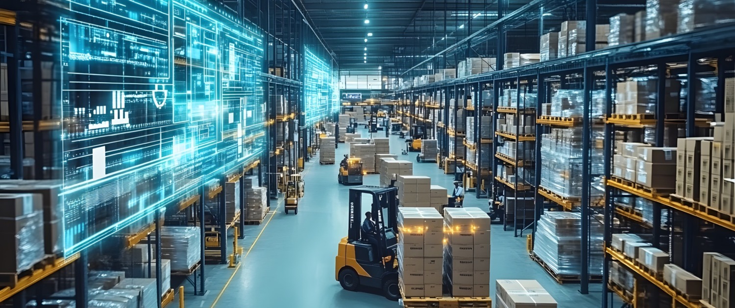 A modern warehouse interior featuring automated storage solutions and a forklift navigating through neatly organized pallets, showcasing advanced logistics technology.