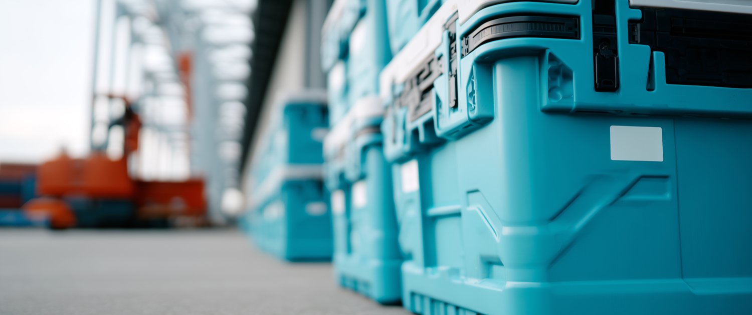 Blue protective transport containers for medical equipment and pharmaceuticals. Secure shipping cases in warehouse for healthcare logistics, drug delivery, temperature-controlled transportation.